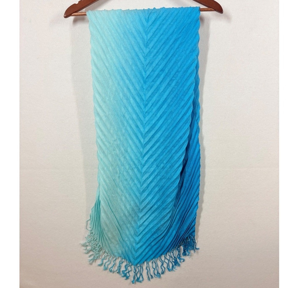 Ombre Blue Pleated Scarf Fringed Lightweight Beach Vacation Lightweight Colorful